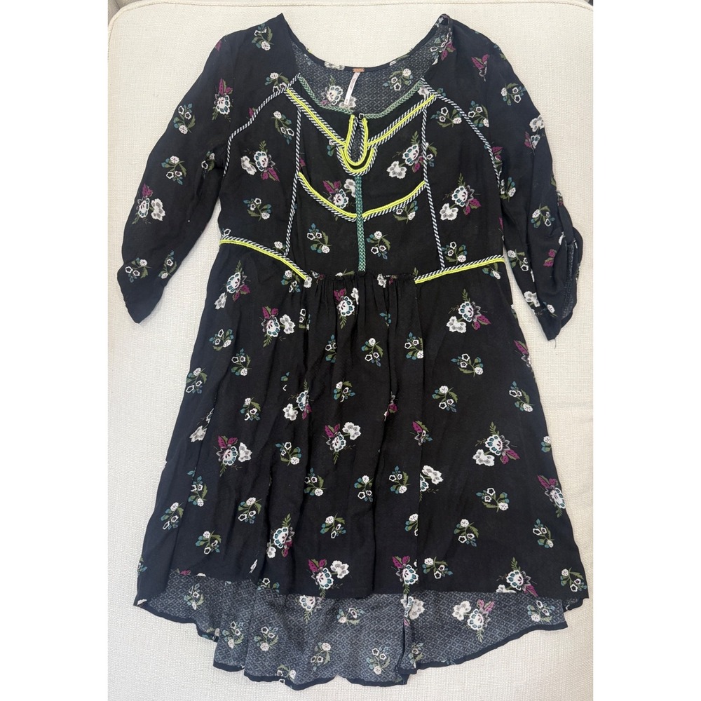 Free People Dress Womens Medium Boho Floral Neon Trim High Low Excellent